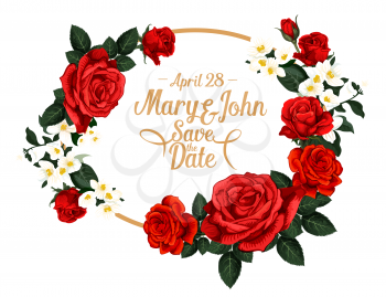 Save the Date wedding invitation card design of red roses flowers pattern in frame with bride and groom name. Vector floral roses bouquet for marriage greeting card or wedding save date