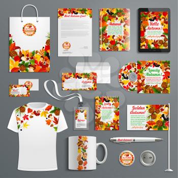 Autumn design corporate identity templates of branded supplies or promo stationery with fall leaf on envelope, badge or pen and mug. Hello Autumn quote on t-shirt apparel or flag vector isolated set