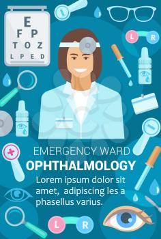 Ophthalmology medicine poster for clinic or vision medical checkup examination. Vector design of ophthalmologist doctor, optical lenses or glasses, alphabet text and eye treatment dropper