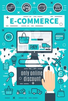 E-commerce and internet online shopping for online payment security. Vector design of user computer and credit card for money pay and secure transaction technology