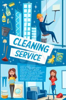 House cleaning service poster for domestic and industrial clean. Vector housewife woman with mop, washing machine and vacuum cleaner or worker man wash windows of skyscraper building