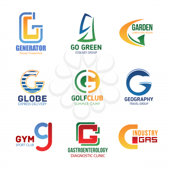 Letter G icons for corporate identity in electricity power industry, environment ecology and express delivery service. Vector letter G for summer camping sport or travel agency and gym