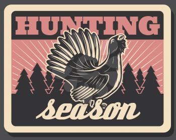 Hunting season retro poster for hunters club or association. Vector vintage design of wild blackcock or pheasant bird for hunt adventure and open season trophy