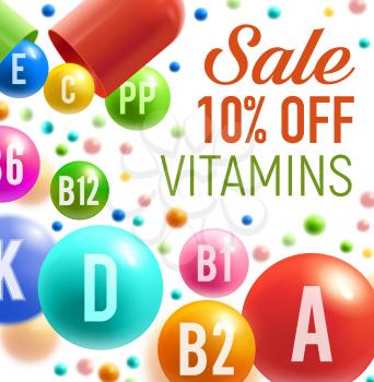 Vitamins and multivitamins sale poster for pharmacy or dietary supplement advertisement design. Vector minerals and vitamin complex of B or E and D pills and 3D capsules for healthy nutrition