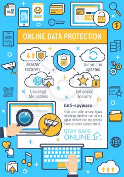 Online data protection and internet security poster of thin line computer technology items. Vector web cloud storage for user files with encryption and fingerprint key access to smartphone network
