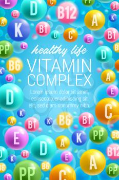 Vitamins and multivitamins for healthy life or dietary supplement complex advertisement poster. Vector package design for pharmacy minerals and vitamin of C or E and PP pills