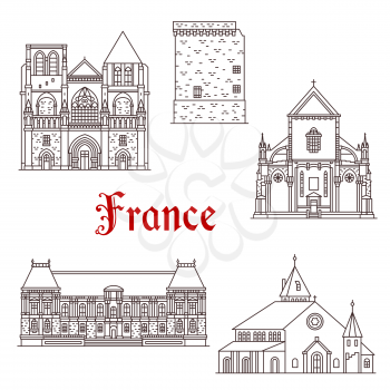 France landmarks and famous historic architecture buildings. Vector thin line facades of Saint Aubin or Pierre cathedral, Duchesne tower in Rennes, St Ulrich church and Brittany Parliament palace
