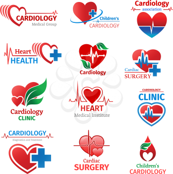 Cardiology medicine, cardiologist medical group or heart health clinic and research institute icons. Vector design of cardiogram pulse treatment pills or pharmacy cross and green leaf