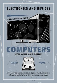 Electronic devices and smart appliances retro poster for online shopping advertisement. Vector vintage design of PC desktop computer and monitor display with HDD hard drive or data storage