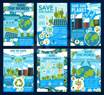 Save Earth posters for ecology protection and environment conservation. Vector green energy solar panels and windmills in eco nature or planet air pollution with power plants and CO emissions