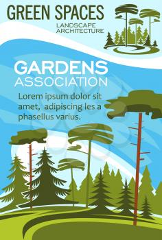 Gardens association poster for landscape design and horticulture gardening. Vector forest trees or parkland squares and green parks for nature architect company