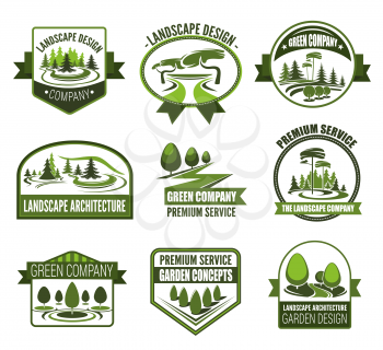 Gardens association icons for landscape design and horticulture gardening. Vector symbols of forest trees or parkland squares and green parks for nature architect premium service company