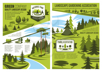 Landscape gardening association or horticulture design company poster or brochure. Vector eco landscaping design of forest trees or parkland squares and green parks for nature architect
