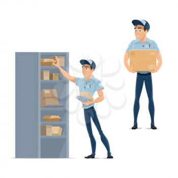 Postman with letter and box cartoon icon. Delivery man in blue uniform carrying parcel, young mailman sorting mail, letter and packages for profession and delivery service themes design