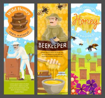 Beekeeping farm natural honey, beekeeper, bee and apiary beehive, honeycomb, flower nectar and jar with dipper, protective suit, hat and smoker. Apiculture food product cartoon vector design