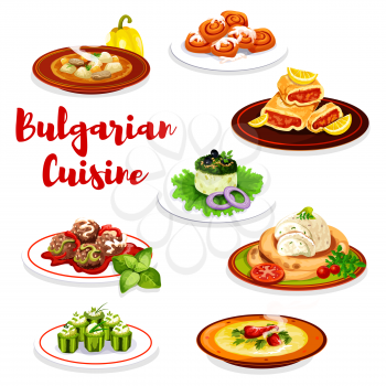 Bulgarian cuisine dishes with vegetable, meat and pastry dessert. Vector beef soup, meatball and cucumber stuffed with cheese bryndza, yogurt salad, eggplant pate, lemon cake roll and cinnamon bun