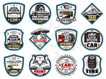 Car service and spare parts vector icons. Car repair mechanic garage, tire fitting and washing services, automobile painting, evacuation and fuel station icons with wheel, motor oil and battery