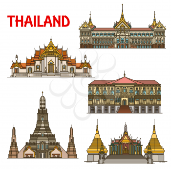 Thailand travel landmark with architecture of Bangkok vector icons. Royal Grand Palace and Vimanmek Mansion villa, Wat Arun or Temple of Dawn, Marble Temple Benchamabophit and Wat Phra That Doi Suthep