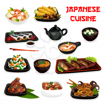 Japanese dishes with seafood and vegetables. Vector fish with plums and soy sauce, shrimp radish salad, cuttlefish and sweet potato stew, chestnut rice, soups with feta, miso, veggies and mushroom