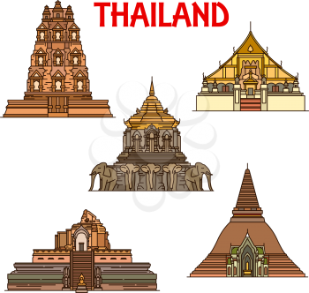 Thai travel landmark of ancient temples and stupas thin line icons. Vector Stupa Phra Pathom Chedi and Phra Mahathat, Buddhist temples of Chiang Man, Chedi Luang and Wat Phra Singh. Asian tourism