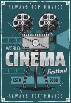 Retro movie festival cinema or theater vintage poster with film reel, projector and filmstrip. Video production, cinematography and entertainment vector design