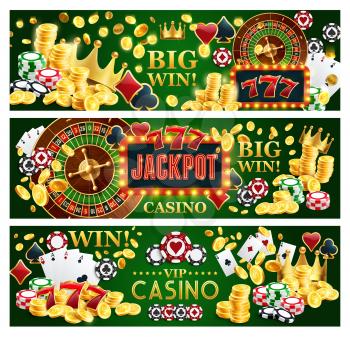 Online casino jackpot gamble game banners, Internet gambling. Vector of poker playing cards, money golden coins and roulette wheel, slots and gold crown. Chips to make stakes or bet and win