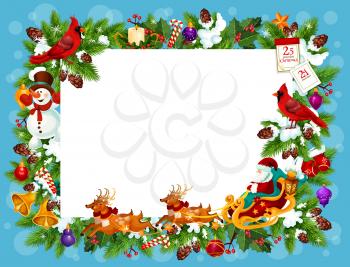 Christmas frame with blank space for New Year holiday greeting card. Blank paper edged with Xmas tree and Santa Claus in harness, deers in scarves and bird, snowman and jingle bells border vector