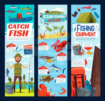 Ocean fishing banners with fisher man and tackles for fish catch license. Vector cartoon design of fisherman with equipment, rod or camping tent and haversack for marlin, salmon or octopus fishing