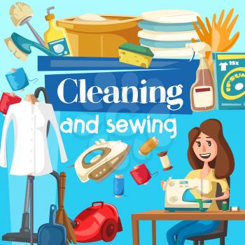 House cleaning, sewing service. Vector woman household with vacuum cleaner at sewing machine, iron and detergent soap, brush and glass polisher, linen and washing powder, wash basin
