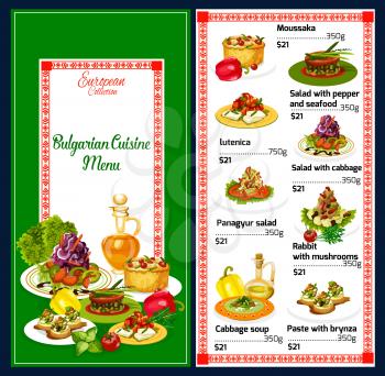 Bulgarian cuisine traditional Balkan menu. Vector moussaka, lutenica or cabbage salad and soup, seafood, panagyur or panagyurishte with rabbit and mushrooms, bryndza paste food