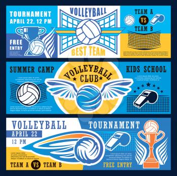 Volleyball sport game tournament banners or kids sport school and club camp. Vector design of volleyball ball and championship victory cup with net and referee whistle. Blue, yellow and white colors