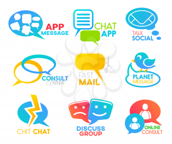 Chat bubble icons of talk message app. Vector social media application of speak conversation or consult center, communication and mail delivery technology