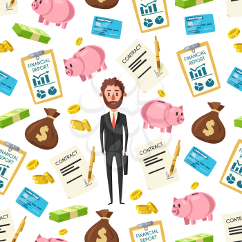 Businessman office manager and business items seamless pattern background. Vector cartoon man, deal contracts, credit card and dollars money in piggy bank or financial report