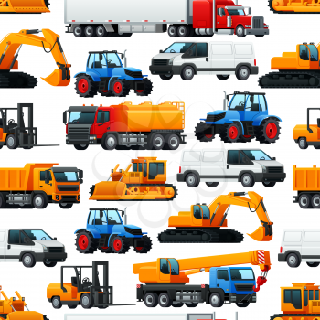 Industrial machinery, vehicles and transport pattern background. Vector seamless pattern of agriculture tractor, construction excavator digger, fuel tank or trailer truck and pick up delivery van