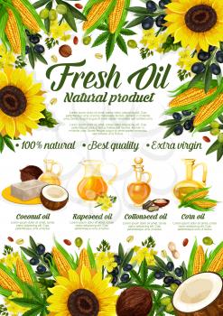 Natural cooking oils of sunflower, olive or coconut and cottonseed. Vector extra virgin oil bottles and jars with organic avocado, hemp seed or hazelnut and corn oil