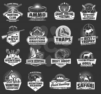 Hunting sport, hunter ammo and hunt trophy animals heraldic icons. Vector hunting club badges, African safari lion, elephant or zebra and giraffe, rabbit with grouse, duck and hog with rifle and trap