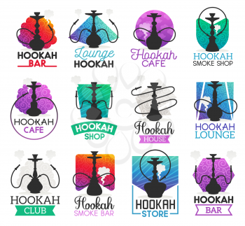 Hookah icons and symbols isolated. Lounge bar and smoke shop icons, hookah club and house emblems vector. Instrument for vaporizing and smoking flavored tobacco, alternative shisha smoking