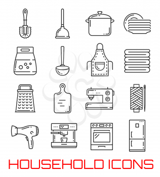 Vectors set rush and rubber plunger, saucepan and clean dishware, washing powder pack and metal ladle, apron and towels, sharp grater and cutting board, sewing machine and kitchen appliances. Line art