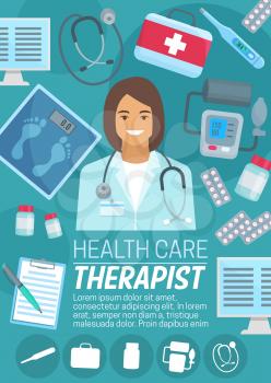 Professional therapist in robe with stethoscope on health care poster. Medical kit of pills with electronic thermometer and modern scales, apparatus for measuring blood pressure and monitors vector