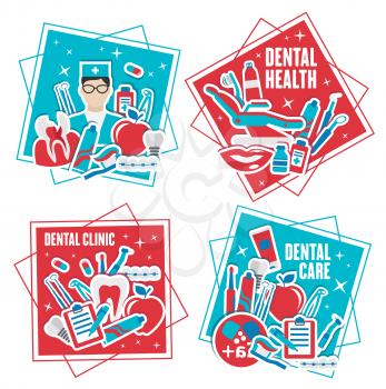 Dental health and care icons. Dentist in uniform and chair for examination, human teeth and braces, toothpaste and toothbrush, dentistry tools and dental fillings, medicines and prescription vector