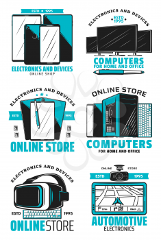 Computers for home and office icons. Modern devices and electronic supplies online store technology shop with TV and car navigator, displays and gadgets. Smartphones and virtual reality glasses vector