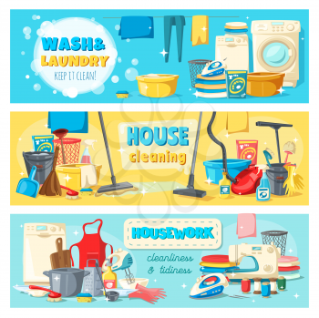Laundry and wash, house cleaning and housework banners. Equipment and tools for domestic chores and chemical means to clean rooms. Washing machine, vacuum cleaner, iron and cleaning supplies vector