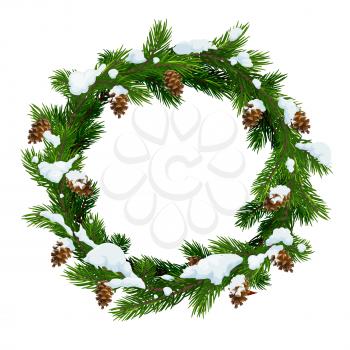 Christmas snowy wreath frame of pine, fir and spruce tree green branches with snow and cones. Vector Xmas and New Year winter holidays decoration design
