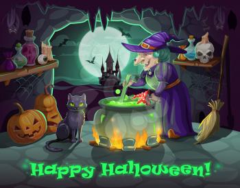 Halloween holiday, witch and black cat, cauldron with potion. Vector cave and castle, full moon and bats, skull and eyeball, broomstick and fly agaric. Pumpkins or jack lantern, evil fall night