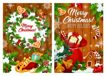 Christmas wreath and Santa gift bag on wooden background. Vector Xmas tree and holly berry with bell, candy and snowflake, gingerbread cookie, ball and sock for winter holidays design