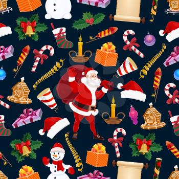 Merry Christmas winter holiday seamless pattern. Vector Santa Claus and snowy pine tree, fir wreath and gingerbread house, cane candy, cracker, sock and firework, snowman and garland