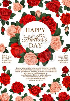 Happy Mothers Day poster of roses flowers bunch icon for spring time seasonal holiday greeting card wish. Vector Mother day floral bouquet of blooming red and pink roses flowers and blossoms