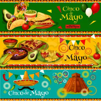 Cinco de Mayo Mexican party banners for holiday fiesta. Vector design of Mexico flag balloons, jalapeno pepper or sombrero on and cactus for Cinco de Mayo celebration invitation flyer or greeting card