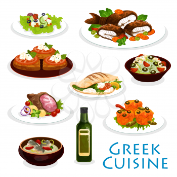 Greek cuisine icon with mediterranean food. Vegetable salad, meat and feta cheese on pita bread, stuffed tomato, cucumber yogurt sauce tzatziki and fish soup, fried cheese, baked fish and grilled lamb
