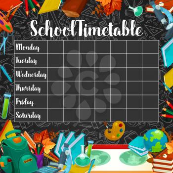 School timetable or lesson schedule template on chalkboard. Week plan for student and pupil on blackboard with chalk sketch pattern of school supplies, book, pencil and pen, paint and backpack